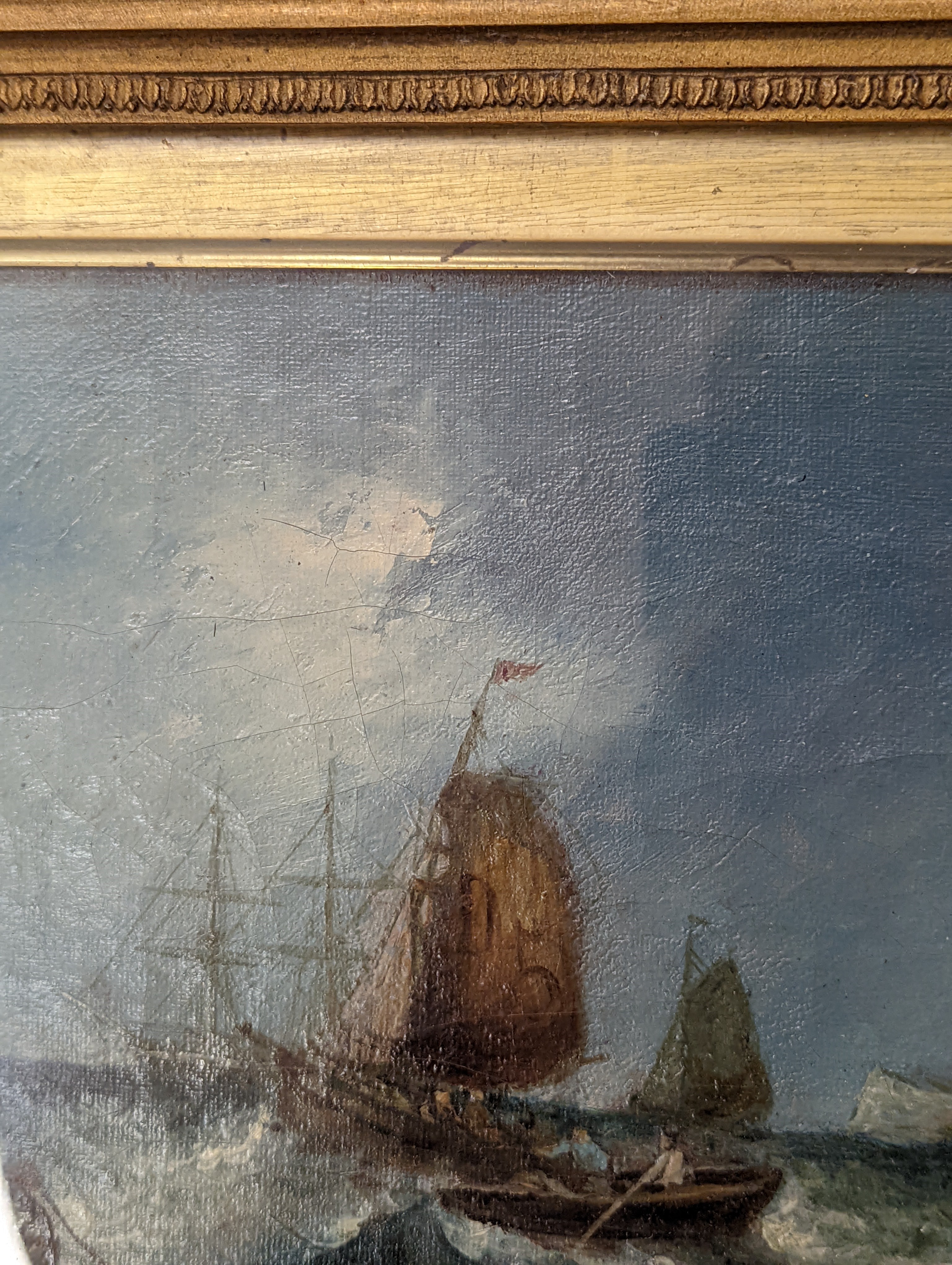 19th century English School, oil on canvas, Shipping off the coast, 19 x 28cm